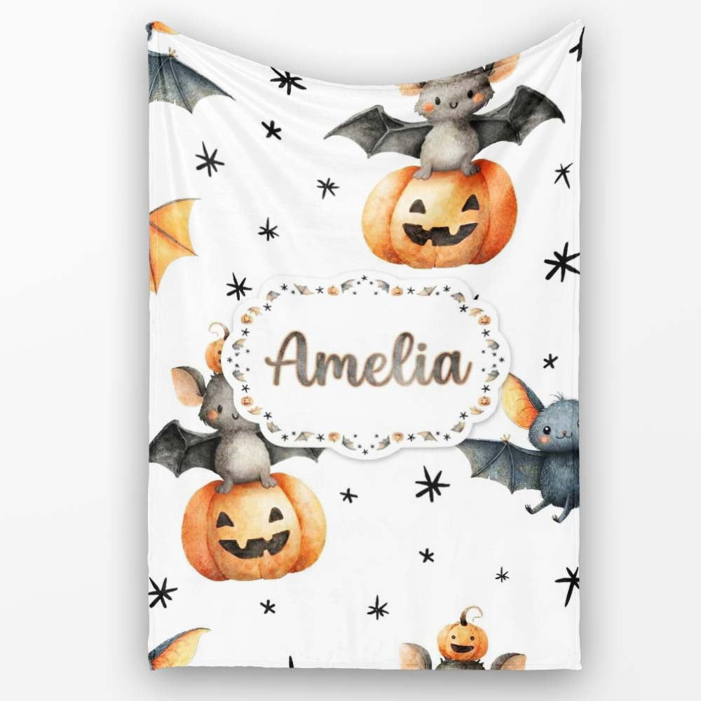 Cute Halloween Bat Pumpkin Star Night Seamless Pattern Light Grey Personalised Custom Name Super Soft Fleece Blanket Bed Sofa Throw