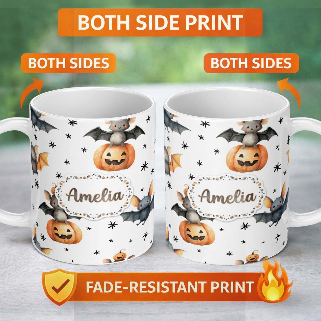 Personalized Custom Name Cute Halloween Bat Pumpkin Star Night Seamless Pattern Light Grey 11oz Ceramic Coffee Tea Mug White Large Handle