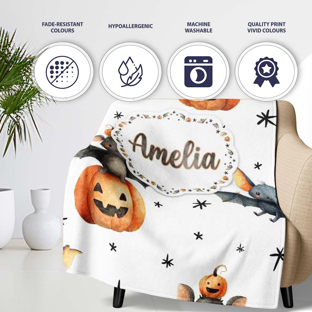 Cute Halloween Bat Pumpkin Star Night Seamless Pattern Light Grey Personalised Custom Name Super Soft Fleece Blanket Bed Sofa Throw