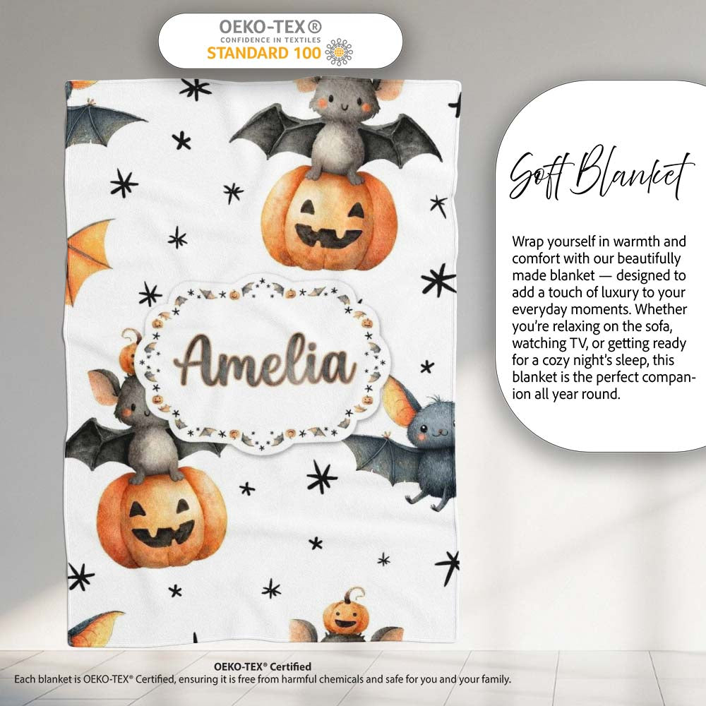 Cute Halloween Bat Pumpkin Star Night Seamless Pattern Light Grey Personalised Custom Name Super Soft Fleece Blanket Bed Sofa Throw