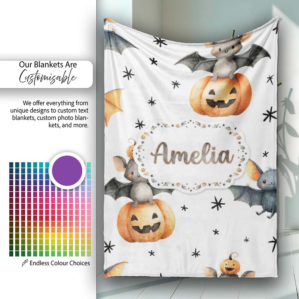 Cute Halloween Bat Pumpkin Star Night Seamless Pattern Light Grey Personalised Custom Name Super Soft Fleece Blanket Bed Sofa Throw