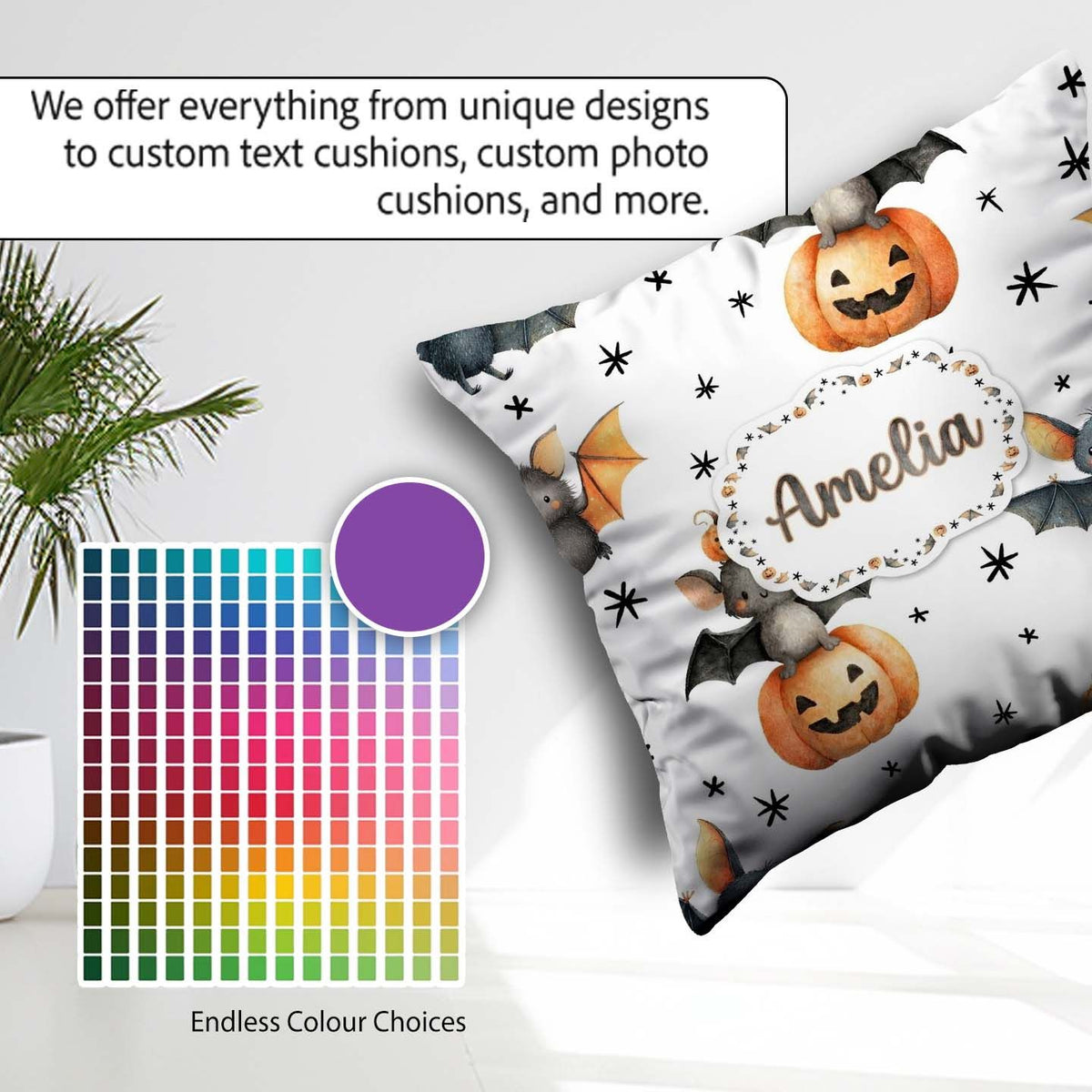 Custom Name Halloween Bat Pumpkin Star Night Seamless Light Grey Square Filled Cushion Throw Pillow Sofa Bed Home Decor Zip Washable UK Made