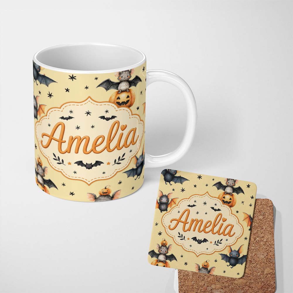 Personalized Custom Name Cute Halloween Bat Pumpkin Star Night Seamless Pattern Pastel 11oz Ceramic Coffee Tea Mug White Large Handle