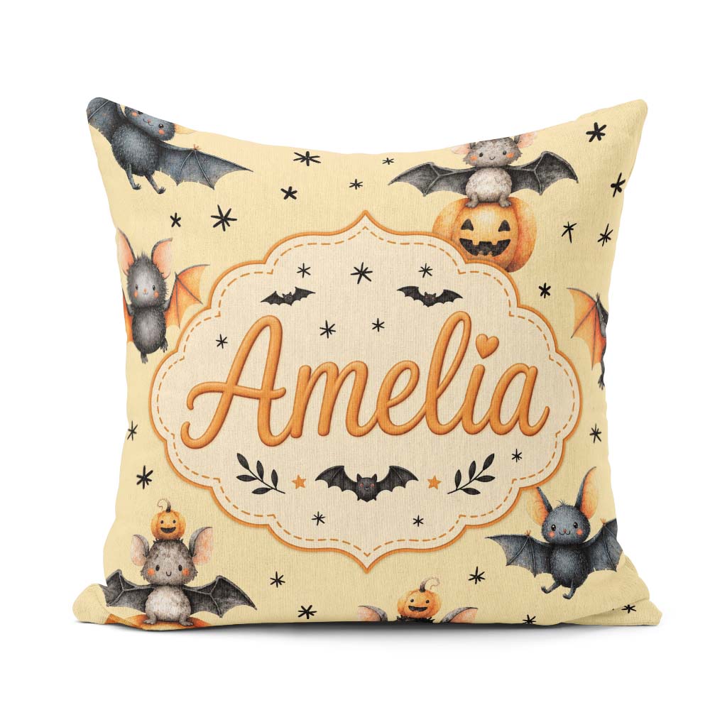 Custom Name Cute Halloween Bat Pumpkin Star Night Pattern Pastel Square Filled Cushion Throw Pillow Sofa Bed Home Decor Zip Washable UK Made