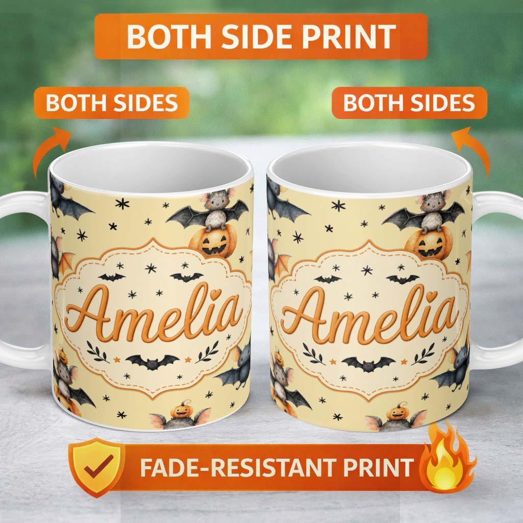 Personalized Custom Name Cute Halloween Bat Pumpkin Star Night Seamless Pattern Pastel 11oz Ceramic Coffee Tea Mug White Large Handle