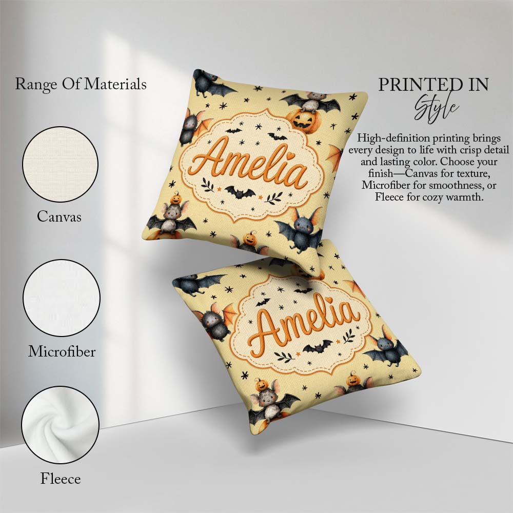 Custom Name Cute Halloween Bat Pumpkin Star Night Pattern Pastel Square Filled Cushion Throw Pillow Sofa Bed Home Decor Zip Washable UK Made