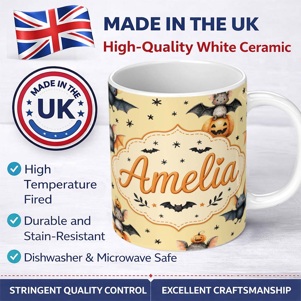 Personalized Custom Name Cute Halloween Bat Pumpkin Star Night Seamless Pattern Pastel 11oz Ceramic Coffee Tea Mug White Large Handle