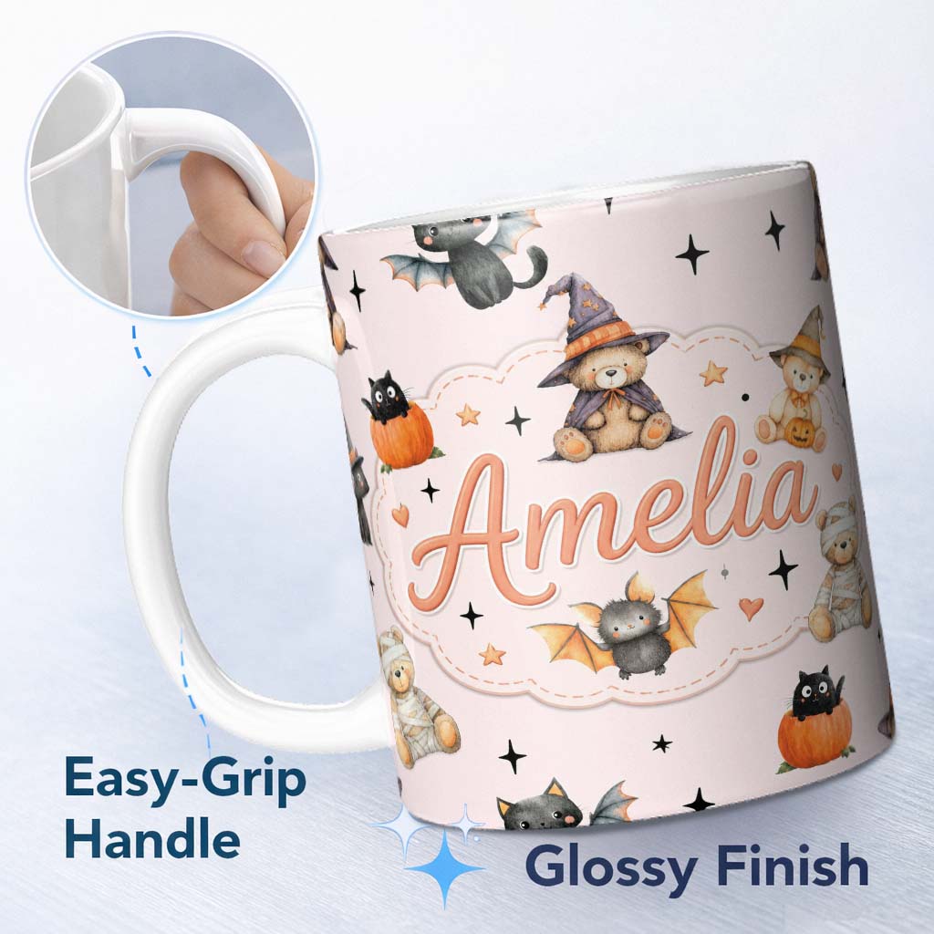 Personalized Custom Name Cute Halloween Teddy Bear Pumpkin Witch Seamless Pattern Blush Pink 11oz Ceramic Coffee Tea Mug White Large Handle