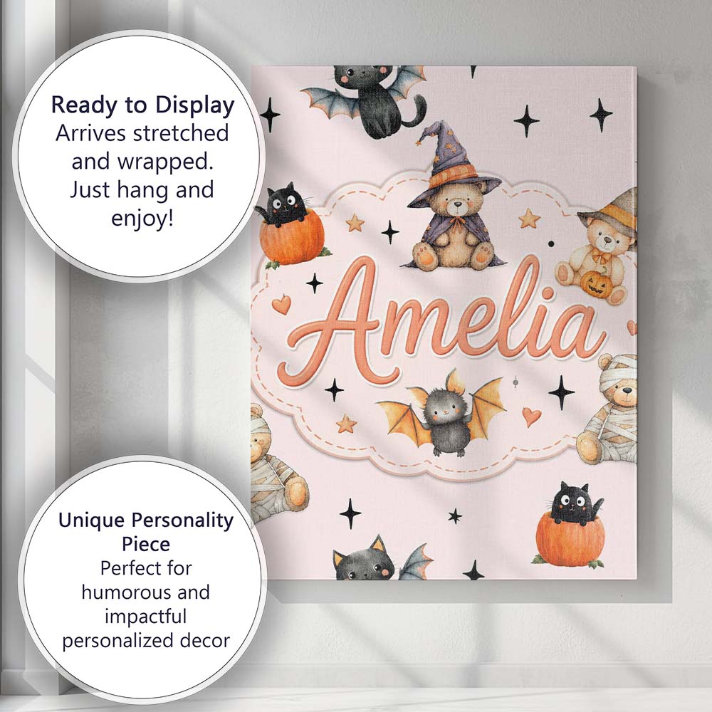 Personalised Name Cute Halloween Teddy Bear Custom Bespoke Interior Contemporary Canvas Wall Art Print Decor Picture Ready to Hang
