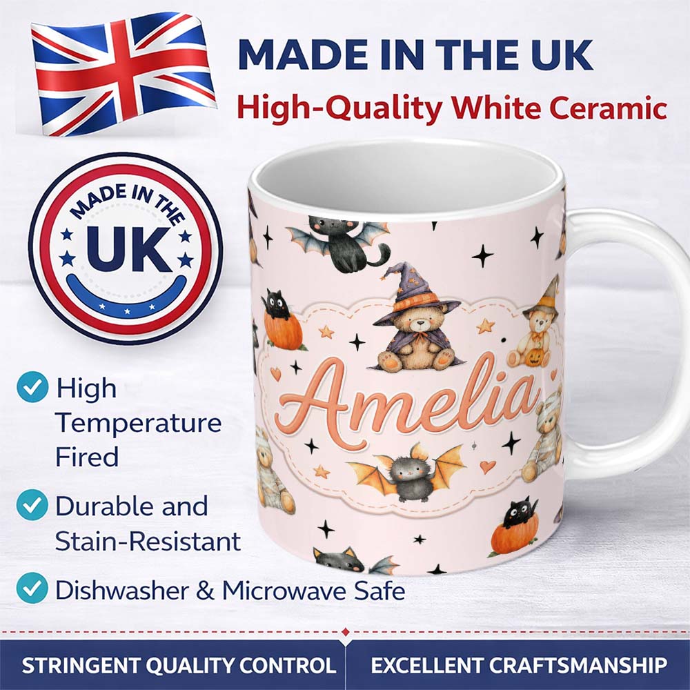 Personalized Custom Name Cute Halloween Teddy Bear Pumpkin Witch Seamless Pattern Blush Pink 11oz Ceramic Coffee Tea Mug White Large Handle