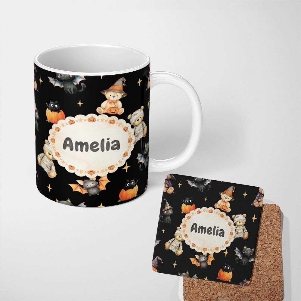 Personalized Custom Name Cute Halloween Teddy Bear Pumpkin Witch Seamless Pattern Black 11oz Ceramic Coffee Tea Mug White Large Handle