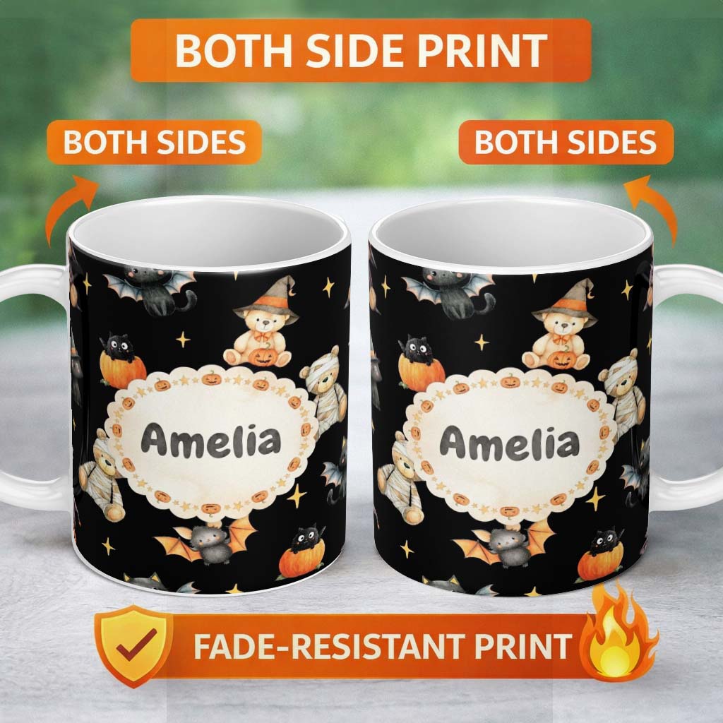 Personalized Custom Name Cute Halloween Teddy Bear Pumpkin Witch Seamless Pattern Black 11oz Ceramic Coffee Tea Mug White Large Handle