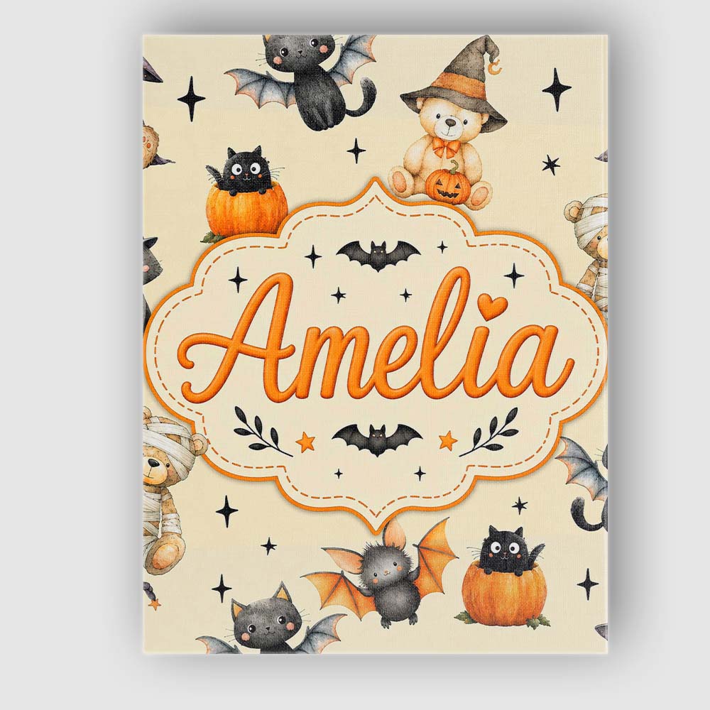 Personalised Name Halloween Teddy Bear Custom Modern Room Accent Elegant Feature Canvas Wall Art Print Decor Picture Ready to Hang