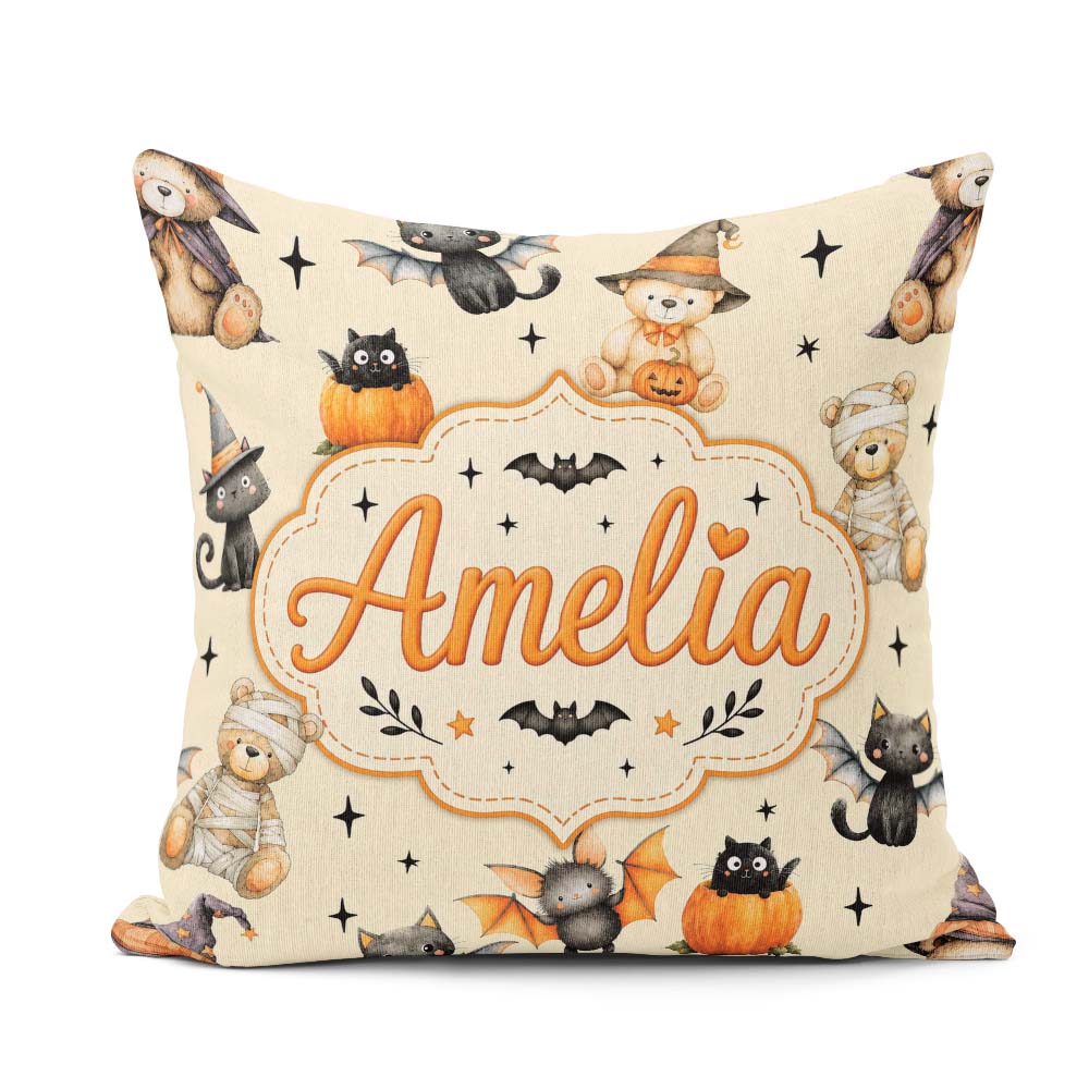Custom Name Halloween Teddy Witch Cat Bat Pumpkin Seamless Cream Square Filled Cushion Throw Pillow Sofa Bed Home Decor Zip Washable UK Made