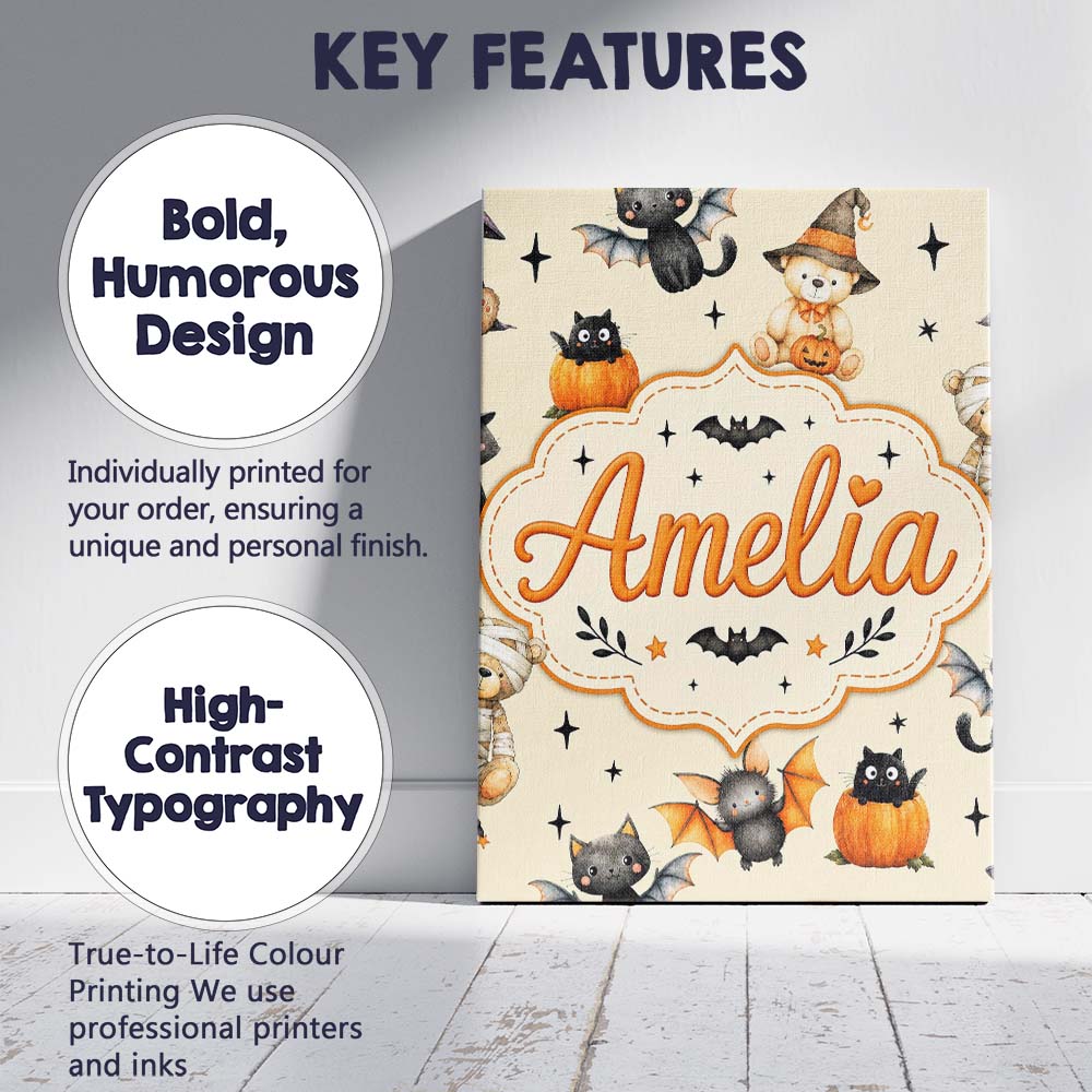 Personalised Name Halloween Teddy Bear Custom Modern Room Accent Elegant Feature Canvas Wall Art Print Decor Picture Ready to Hang