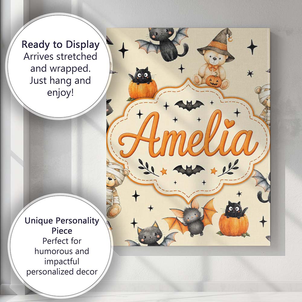 Personalised Name Halloween Teddy Bear Custom Modern Room Accent Elegant Feature Canvas Wall Art Print Decor Picture Ready to Hang