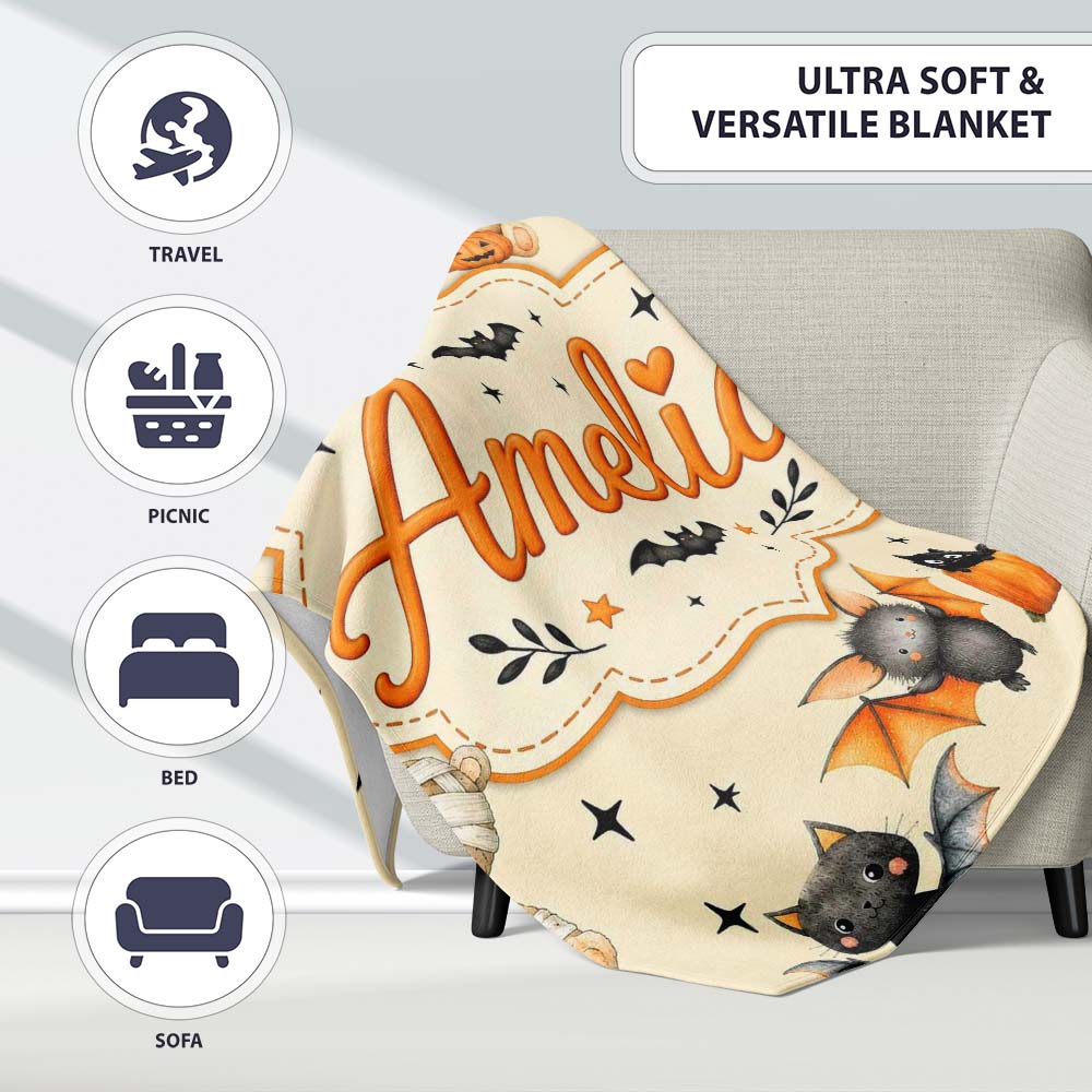Halloween Teddy Bear Witch Cat Bat Pumpkin Seamless Pattern Cream Personalised Custom Name Super Soft Fleece Blanket Bed Sofa Throw