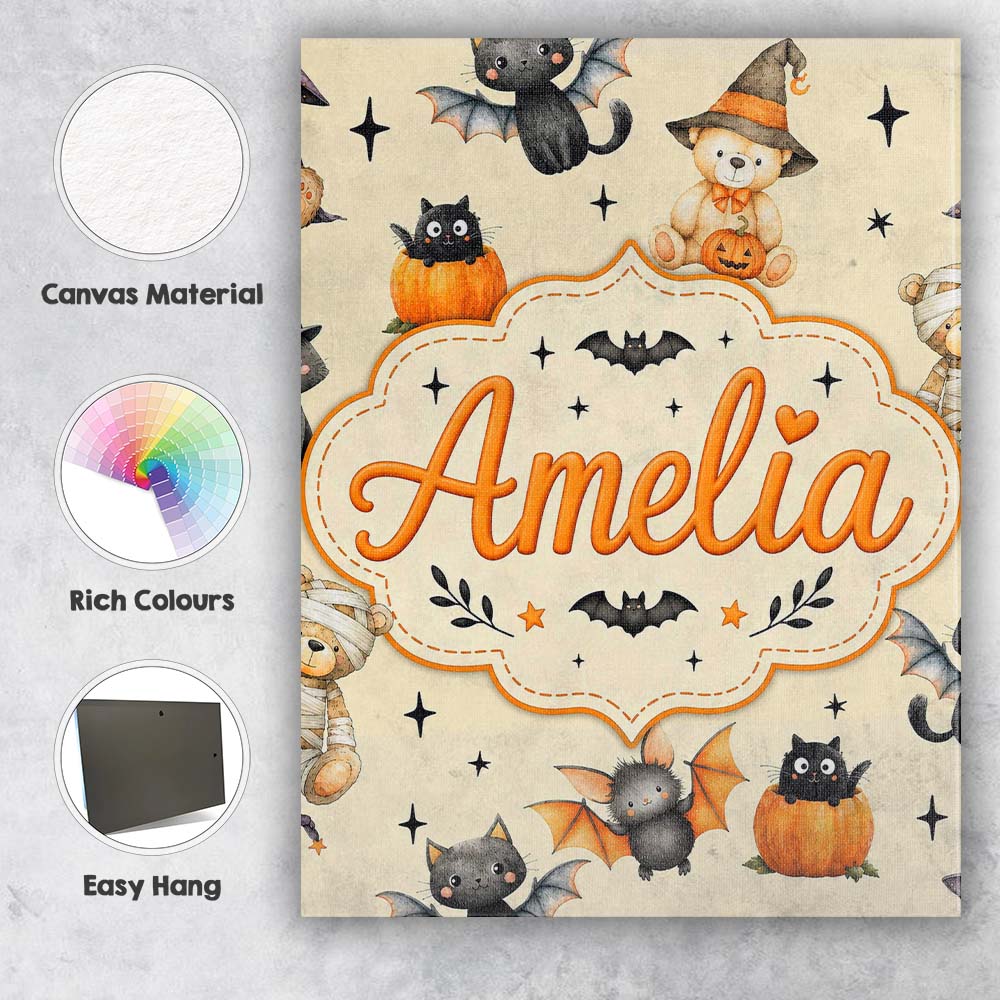 Personalised Name Halloween Teddy Bear Custom Modern Room Accent Elegant Feature Canvas Wall Art Print Decor Picture Ready to Hang