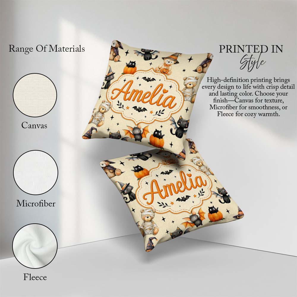 Custom Name Halloween Teddy Witch Cat Bat Pumpkin Seamless Cream Square Filled Cushion Throw Pillow Sofa Bed Home Decor Zip Washable UK Made