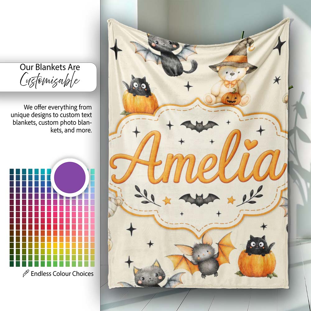 Halloween Teddy Bear Witch Cat Bat Pumpkin Seamless Pattern Cream Personalised Custom Name Super Soft Fleece Blanket Bed Sofa Throw