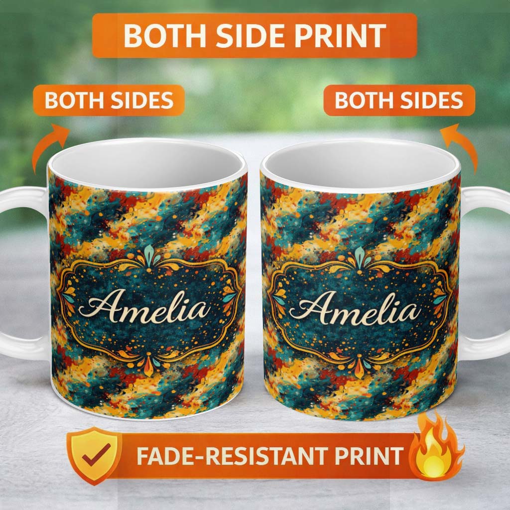 Personalized Custom Name Bold Abstract Paint Splash Teal Mustard Red Flow Pattern Lovely 11oz Ceramic Coffee Tea Mug White Large Handle
