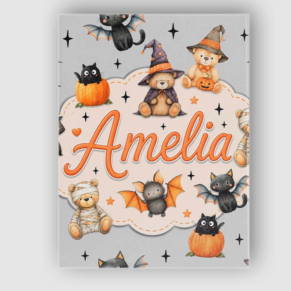 Personalised Name Halloween Teddy Bear Custom Modern Room Accent Elegant Feature Canvas Wall Art Print Decor Picture Ready to Hang