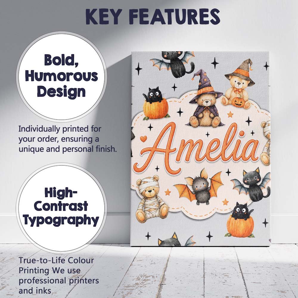 Personalised Name Halloween Teddy Bear Custom Modern Room Accent Elegant Feature Canvas Wall Art Print Decor Picture Ready to Hang