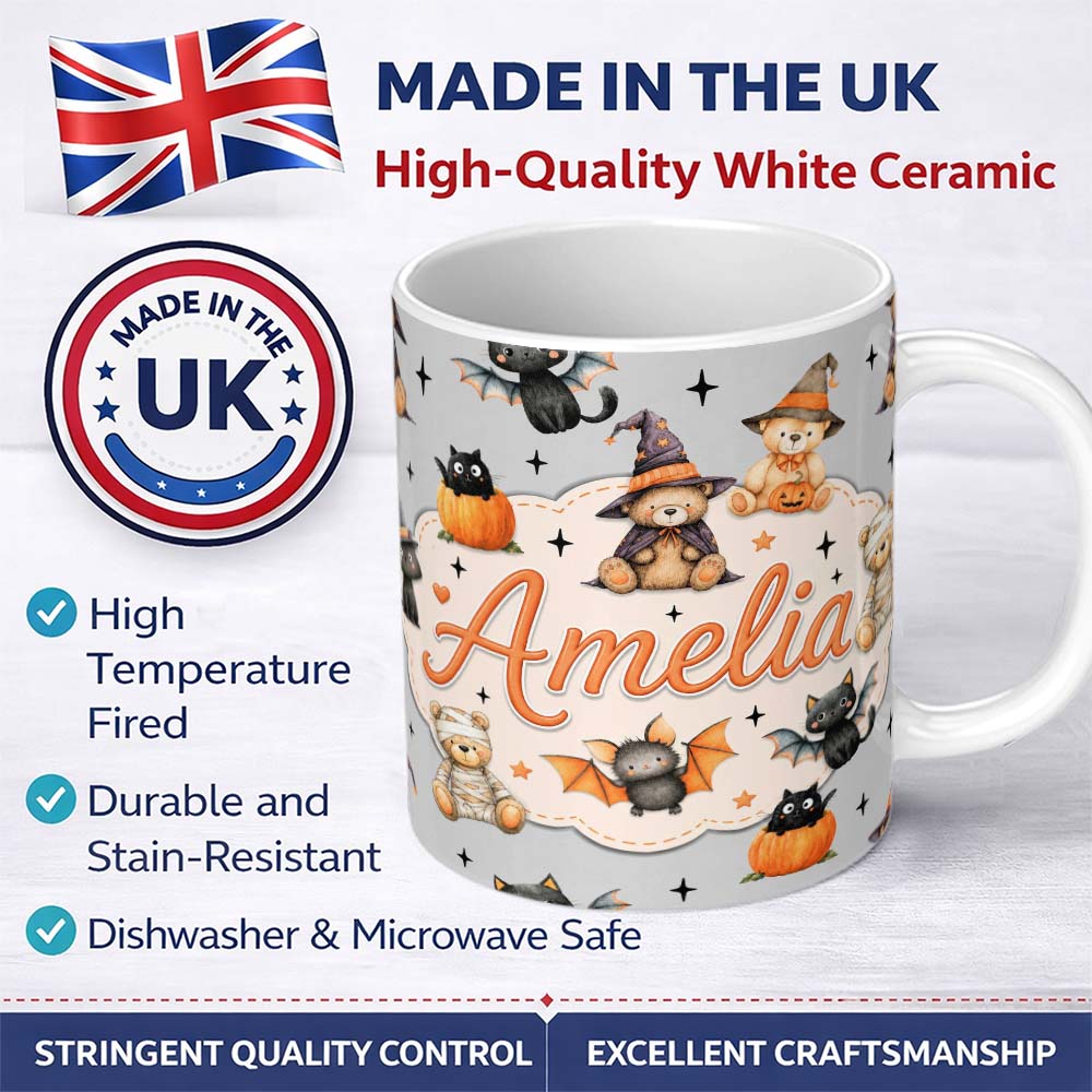 Personalized Custom Name Halloween Teddy Bear Witch Cat Bat Pumpkin Seamless Pattern Soft 11oz Ceramic Coffee Tea Mug White Large Handle