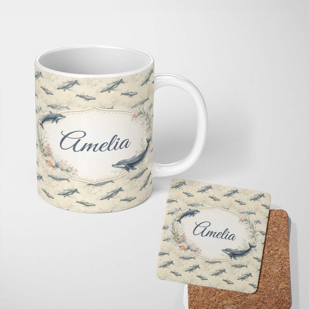 Personalized Custom Name Vintage Whale Seamless Pattern Soft Beige Marine Animal Design 11oz Ceramic Coffee Tea Mug White Large Handle