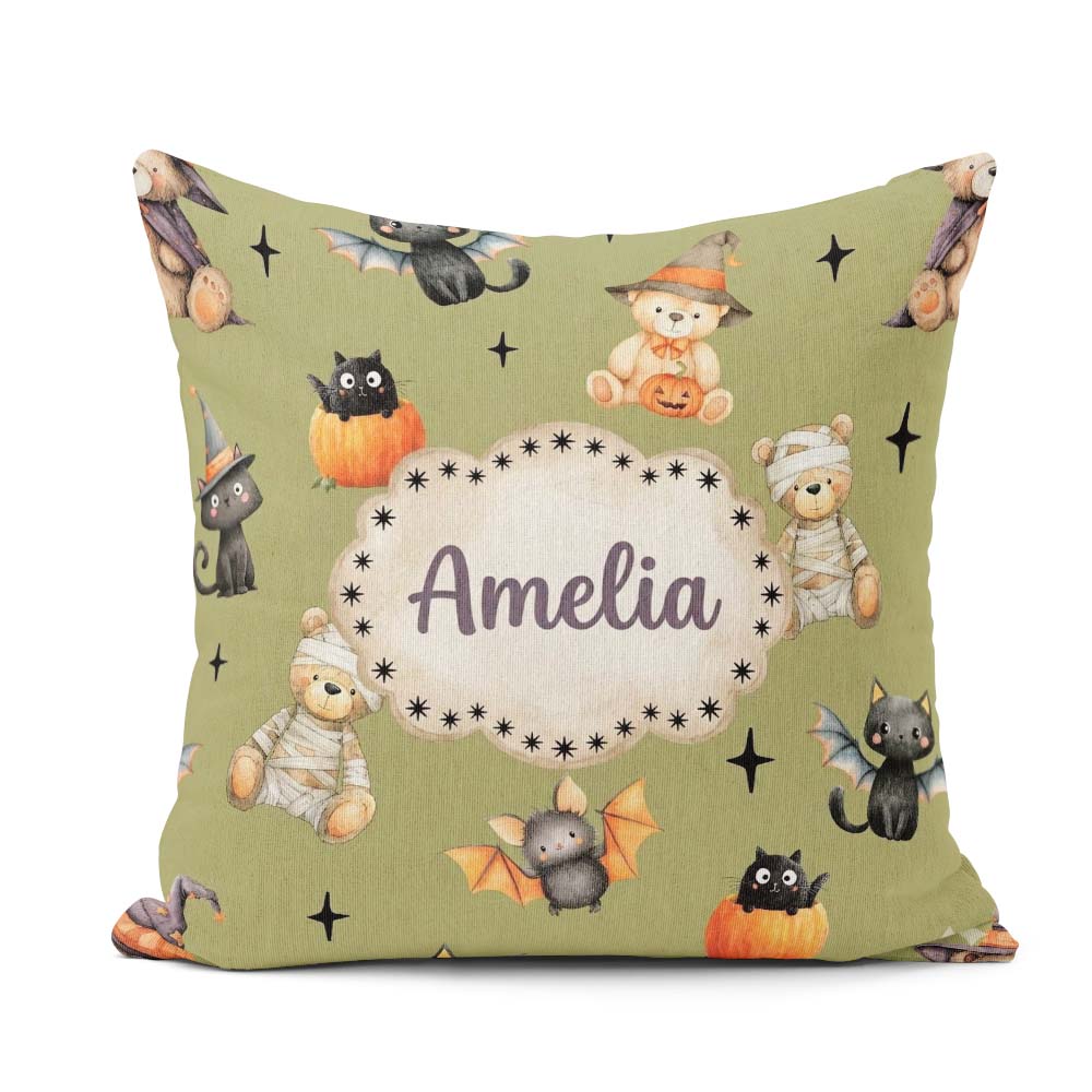 Custom Name Halloween Teddy Witch Cat Bat Pumpkin Seamless Olive Square Filled Cushion Throw Pillow Sofa Bed Home Decor Zip Washable UK Made