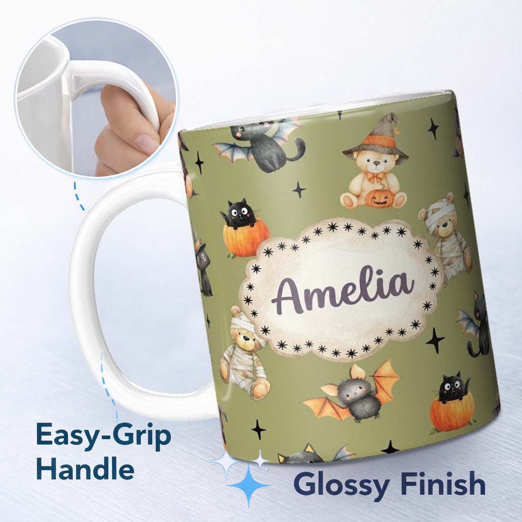 Personalized Custom Name Halloween Teddy Bear Witch Cat Bat Pumpkin Seamless Pattern Olive 11oz Ceramic Coffee Tea Mug White Large Handle