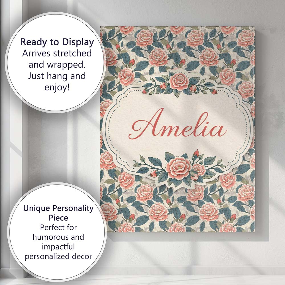 Personalised Name Dark Background Coral Rose Floral Seamless Pattern Custom Home Canvas Wall Art Print Decor Picture Ready to Hang