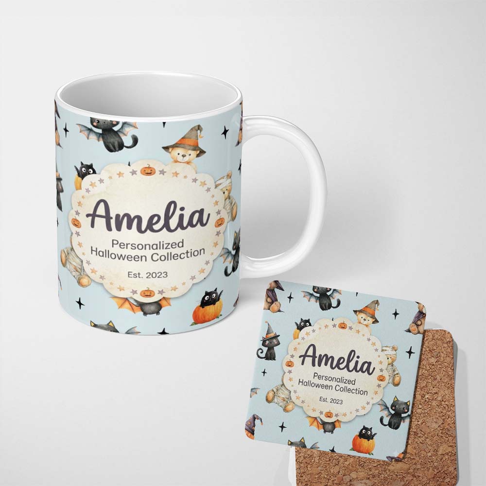 Personalized Custom Name Halloween Teddy Bear Witch Cat Bat Pumpkin Seamless Pattern Dusty 11oz Ceramic Coffee Tea Mug White Large Handle