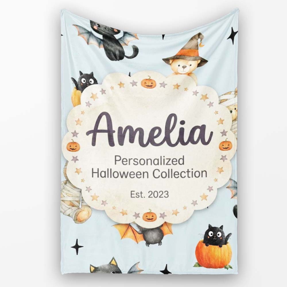 Halloween Teddy Bear Witch Cat Bat Pumpkin Seamless Pattern Dusty Personalised Custom Name Super Soft Fleece Blanket Bed Sofa Throw
