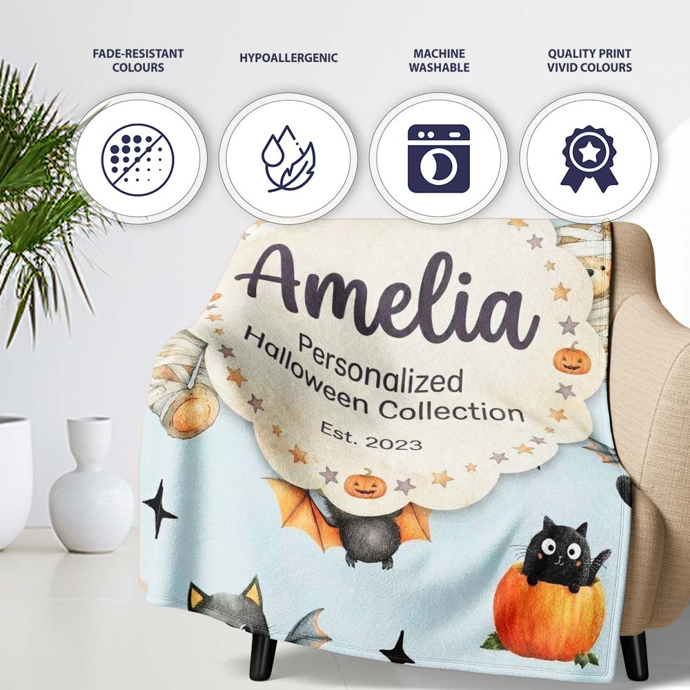 Halloween Teddy Bear Witch Cat Bat Pumpkin Seamless Pattern Dusty Personalised Custom Name Super Soft Fleece Blanket Bed Sofa Throw