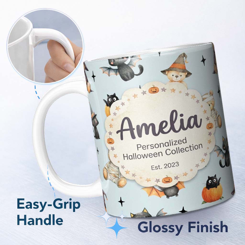 Personalized Custom Name Halloween Teddy Bear Witch Cat Bat Pumpkin Seamless Pattern Dusty 11oz Ceramic Coffee Tea Mug White Large Handle