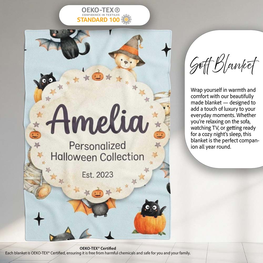 Halloween Teddy Bear Witch Cat Bat Pumpkin Seamless Pattern Dusty Personalised Custom Name Super Soft Fleece Blanket Bed Sofa Throw