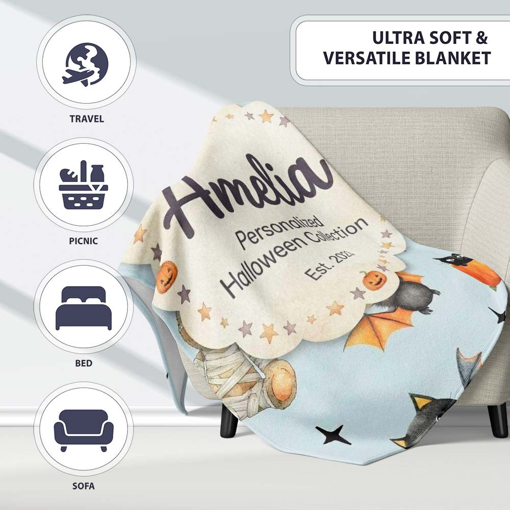 Halloween Teddy Bear Witch Cat Bat Pumpkin Seamless Pattern Dusty Personalised Custom Name Super Soft Fleece Blanket Bed Sofa Throw