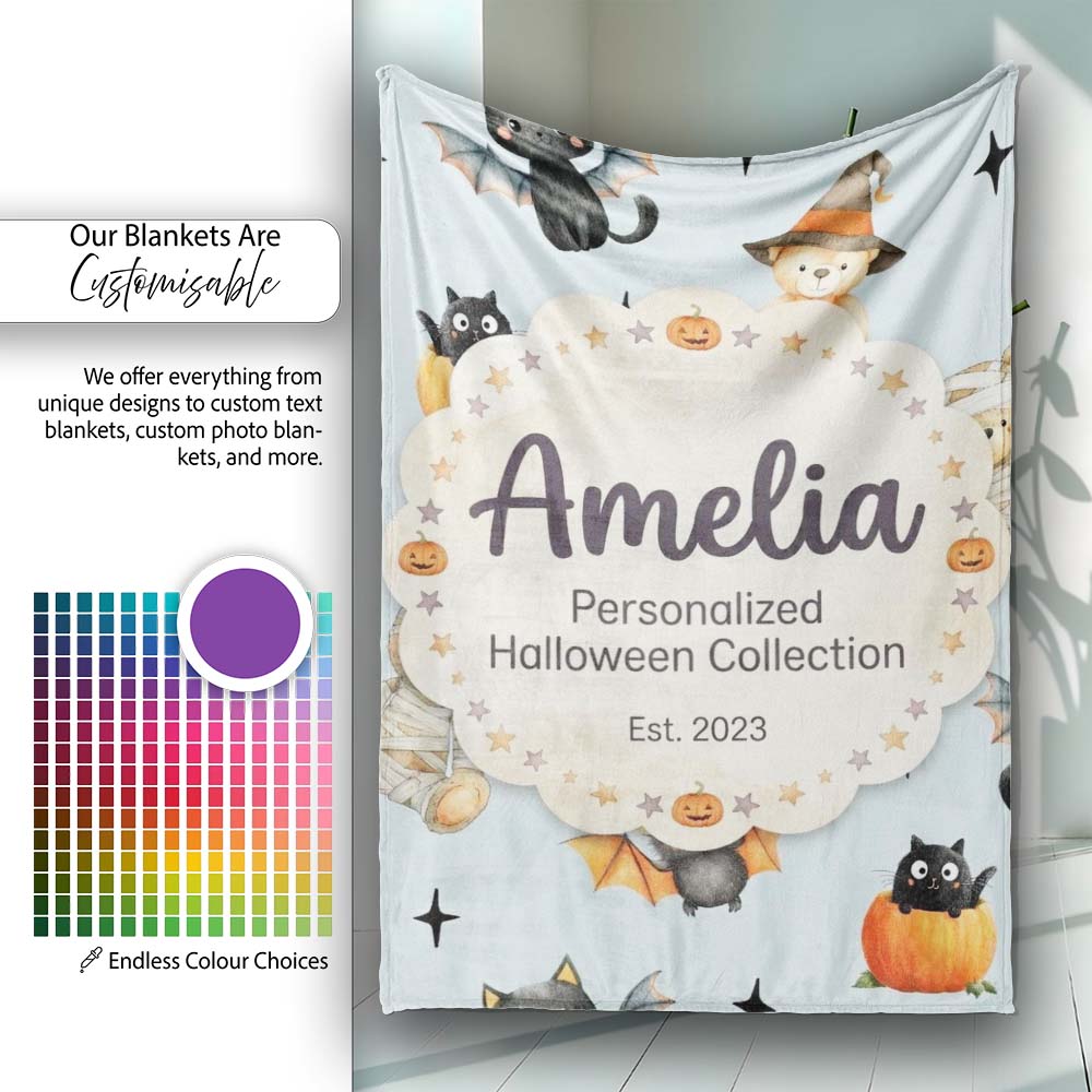 Halloween Teddy Bear Witch Cat Bat Pumpkin Seamless Pattern Dusty Personalised Custom Name Super Soft Fleece Blanket Bed Sofa Throw
