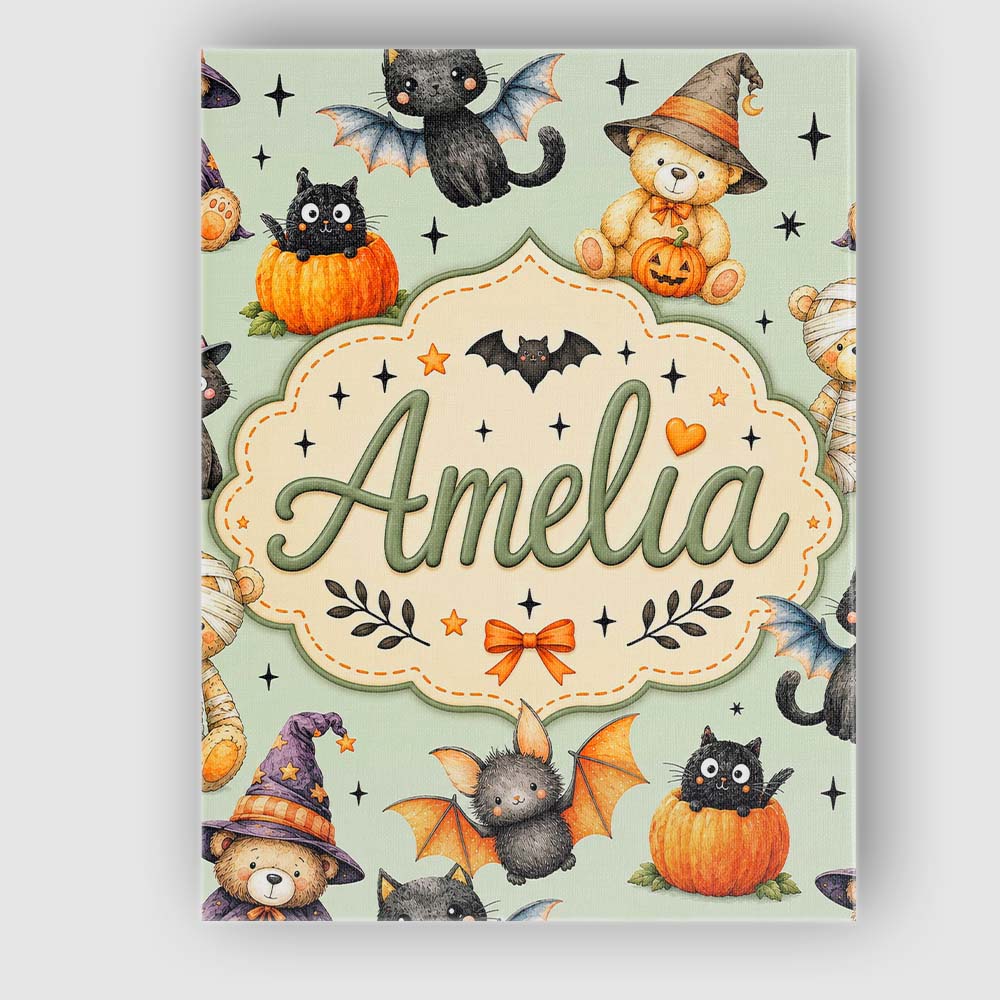 Personalised Name Halloween Teddy Bear Custom Modern Room Accent Elegant Feature Canvas Wall Art Print Decor Picture Ready to Hang