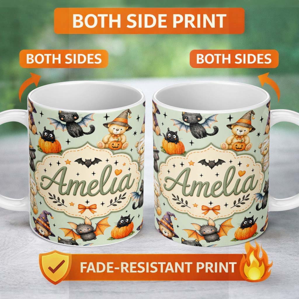 Personalized Custom Name Halloween Teddy Bear Witch Cat Bat Pumpkin Seamless Pattern Sage 11oz Ceramic Coffee Tea Mug White Large Handle