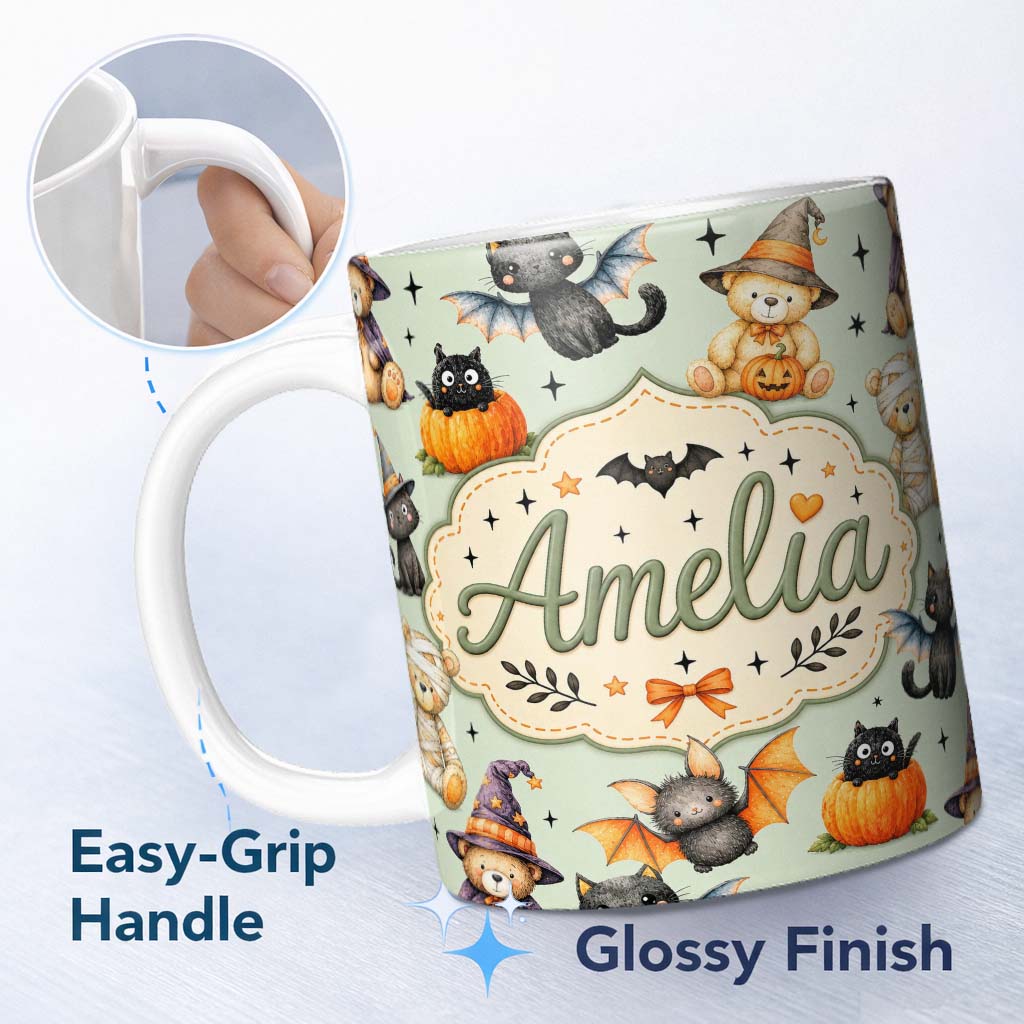 Personalized Custom Name Halloween Teddy Bear Witch Cat Bat Pumpkin Seamless Pattern Sage 11oz Ceramic Coffee Tea Mug White Large Handle