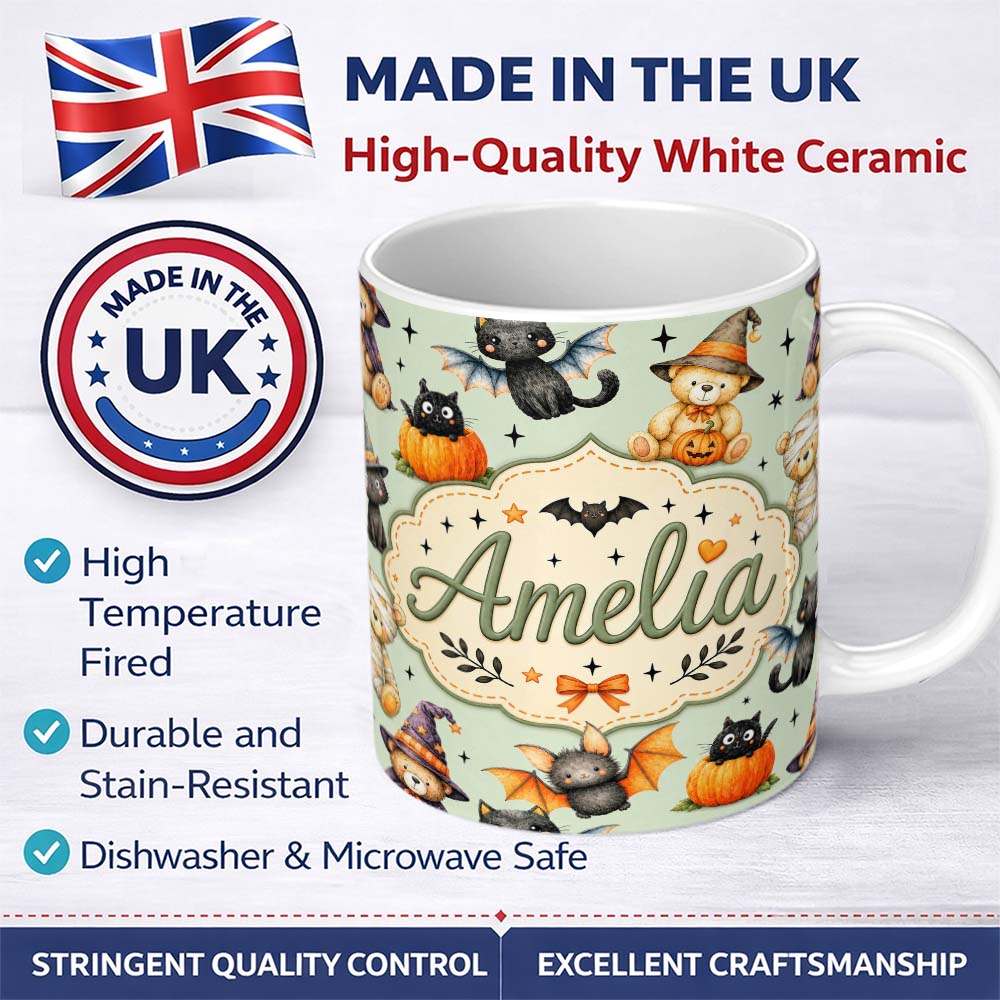 Personalized Custom Name Halloween Teddy Bear Witch Cat Bat Pumpkin Seamless Pattern Sage 11oz Ceramic Coffee Tea Mug White Large Handle