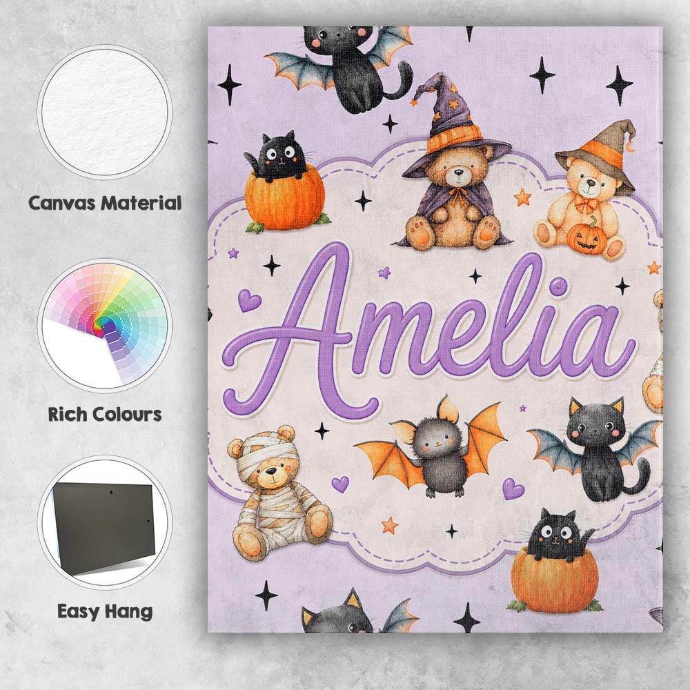 Personalised Name Halloween Teddy Bear Custom Modern Room Accent Elegant Feature Canvas Wall Art Print Decor Picture Ready to Hang