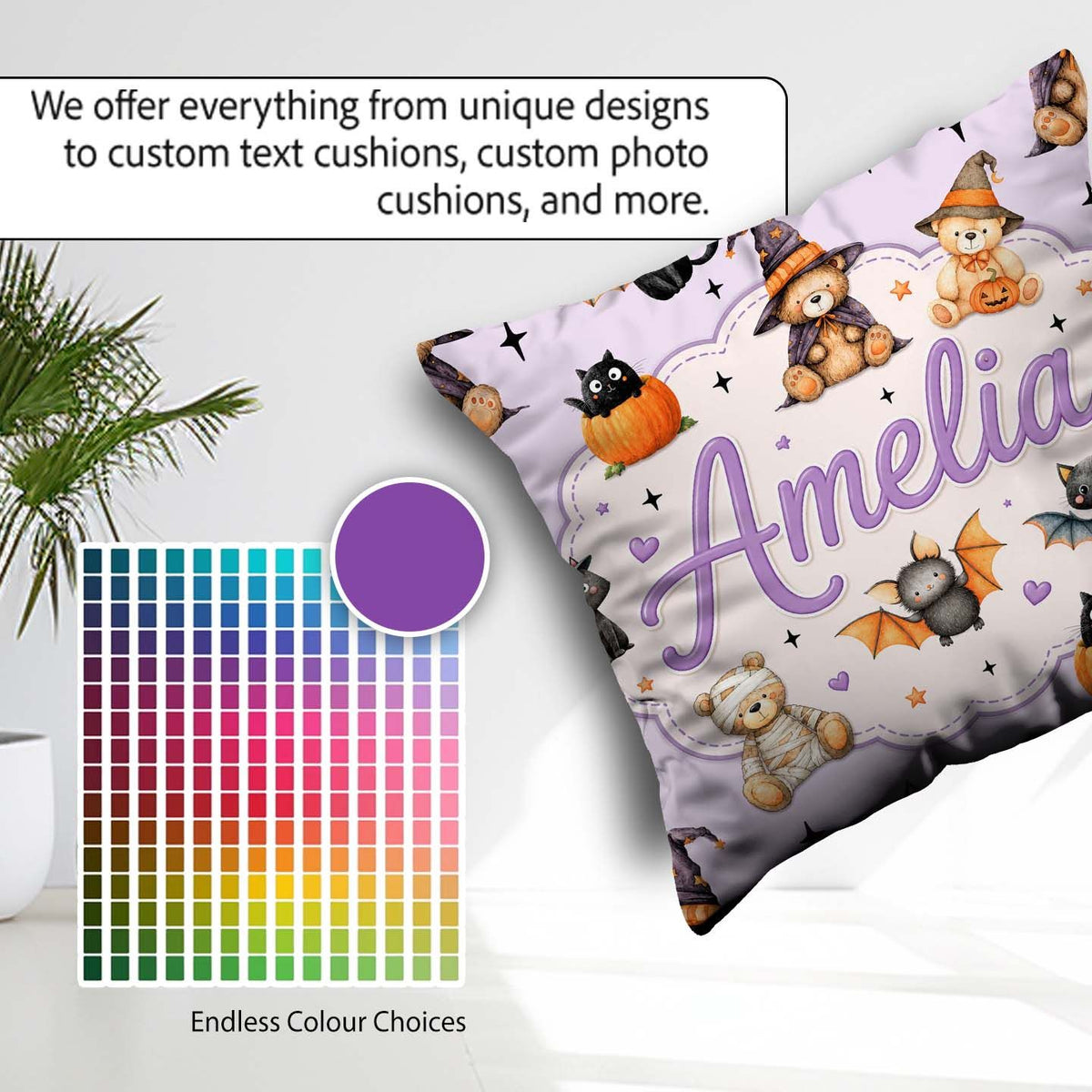Custom Name Halloween Teddy Bear Witch Cat Pumpkin Seamless Soft Square Filled Cushion Throw Pillow Sofa Bed Home Decor Zip Washable UK Made