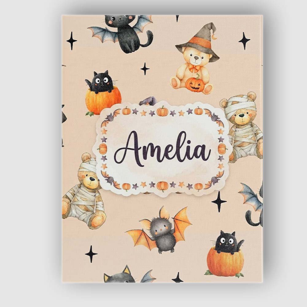 Personalised Name Halloween Teddy Bear Custom Modern Room Accent Elegant Feature Canvas Wall Art Print Decor Picture Ready to Hang