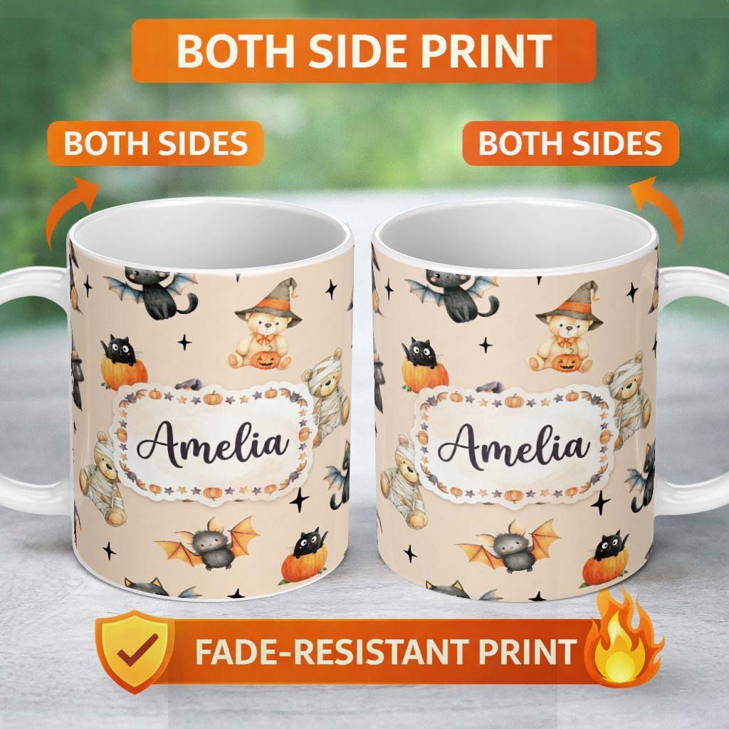 Personalized Custom Name Halloween Teddy Bear Witch Cat Bat Pumpkin Seamless Pattern Warm 11oz Ceramic Coffee Tea Mug White Large Handle
