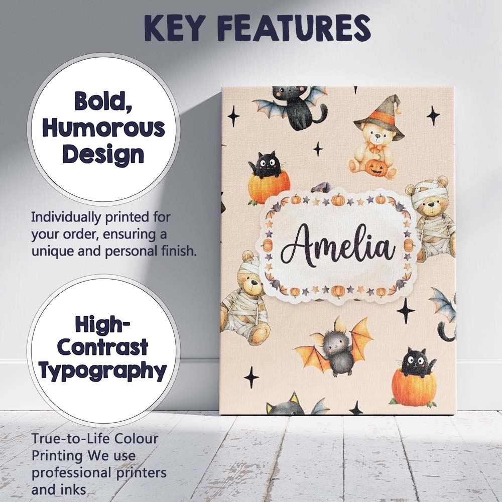 Personalised Name Halloween Teddy Bear Custom Modern Room Accent Elegant Feature Canvas Wall Art Print Decor Picture Ready to Hang