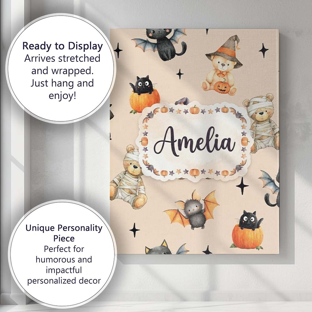 Personalised Name Halloween Teddy Bear Custom Modern Room Accent Elegant Feature Canvas Wall Art Print Decor Picture Ready to Hang