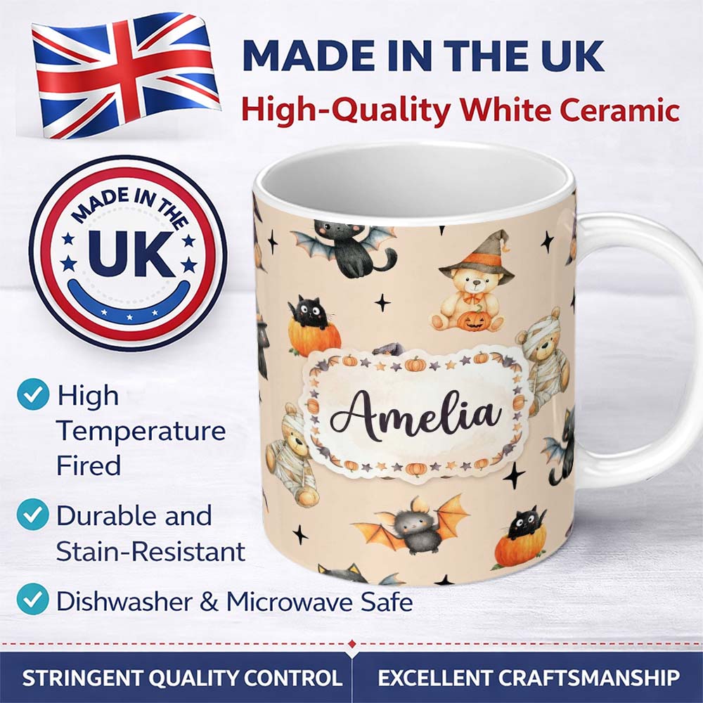 Personalized Custom Name Halloween Teddy Bear Witch Cat Bat Pumpkin Seamless Pattern Warm 11oz Ceramic Coffee Tea Mug White Large Handle